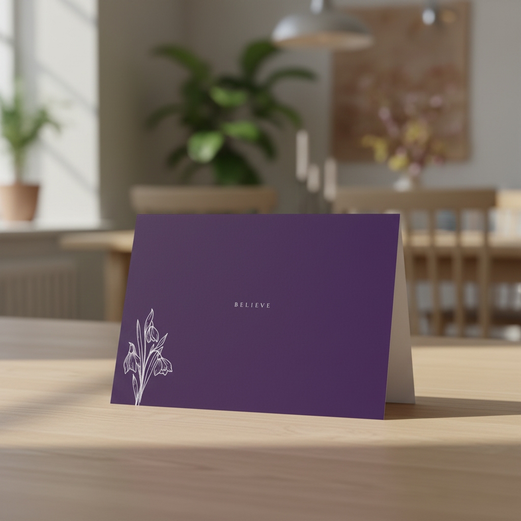 Believe greeting card standing on an oak table in a dining room.