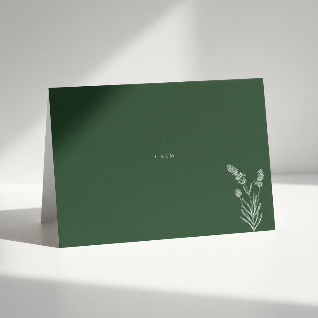Pectore and Eden Calm greetings card front featuring white text and botanical design.