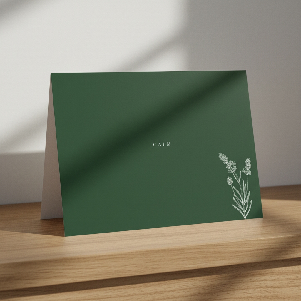 Calm greeting card standing on an oak table in a dining room.