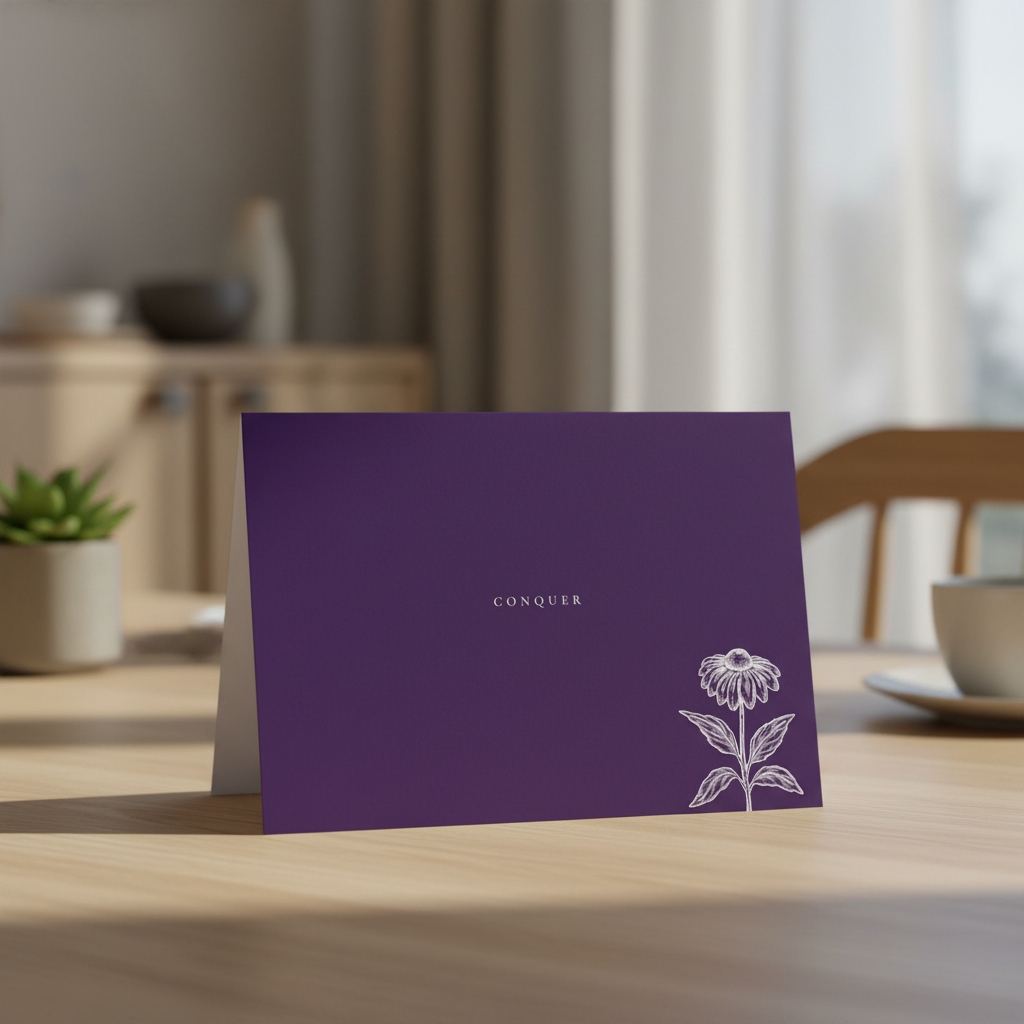 Conquer greeting card standing on an oak table in a dining room.