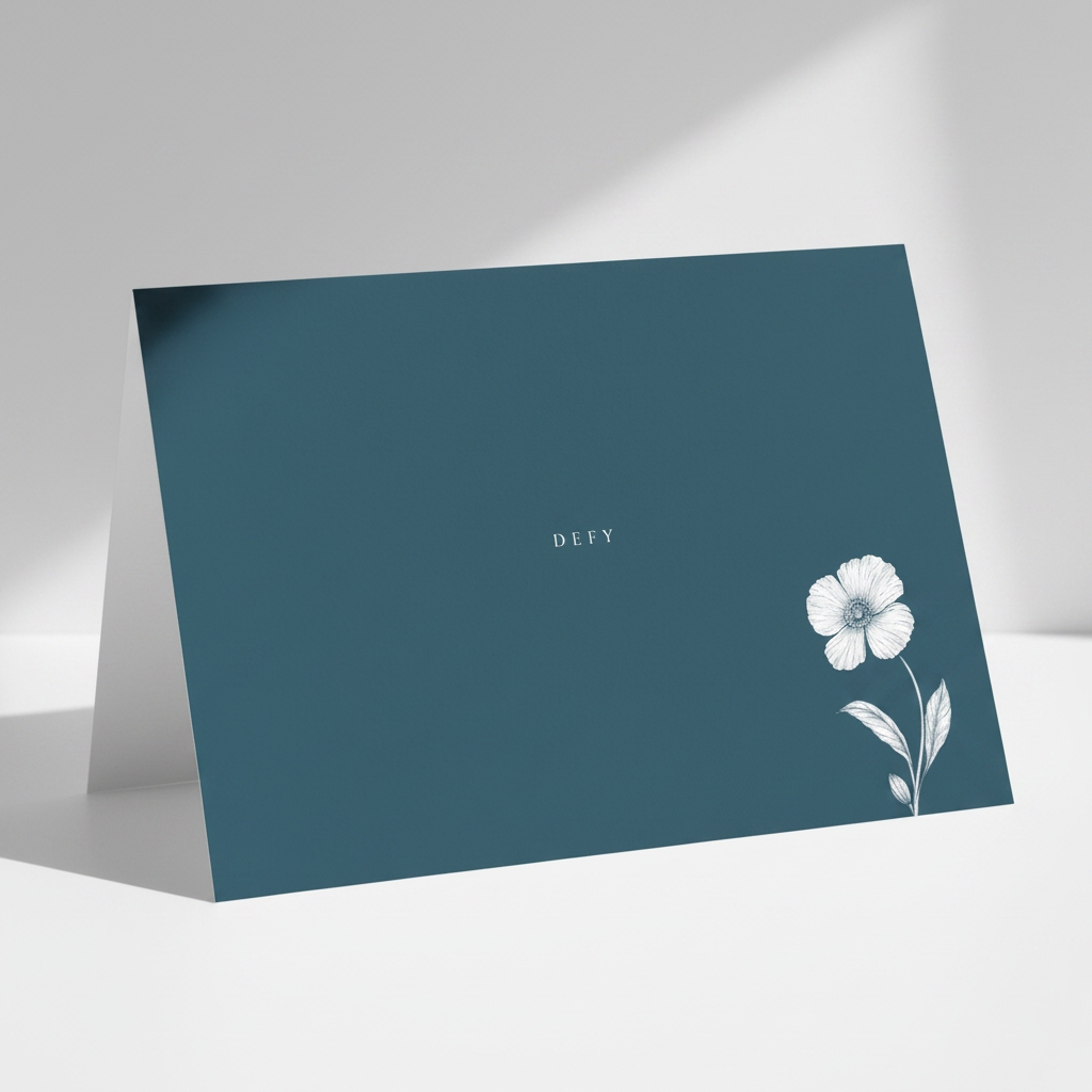 Pectore and Eden Defy greetings card front featuring white text and botanical design.