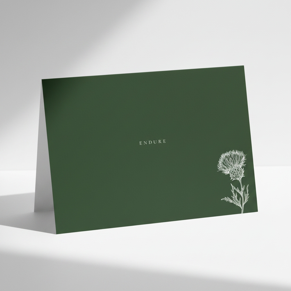 Pectore and Eden Endure greetings card front featuring white text and botanical design.