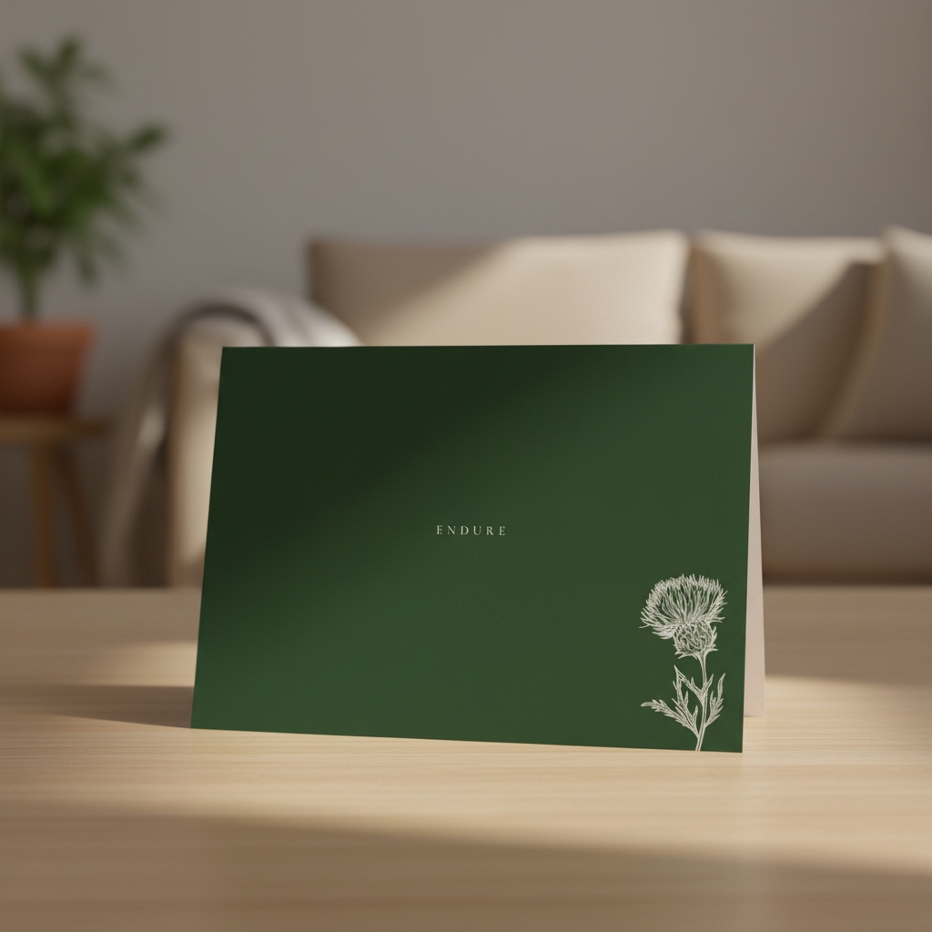Endure greeting card standing on an oak table in a dining room.