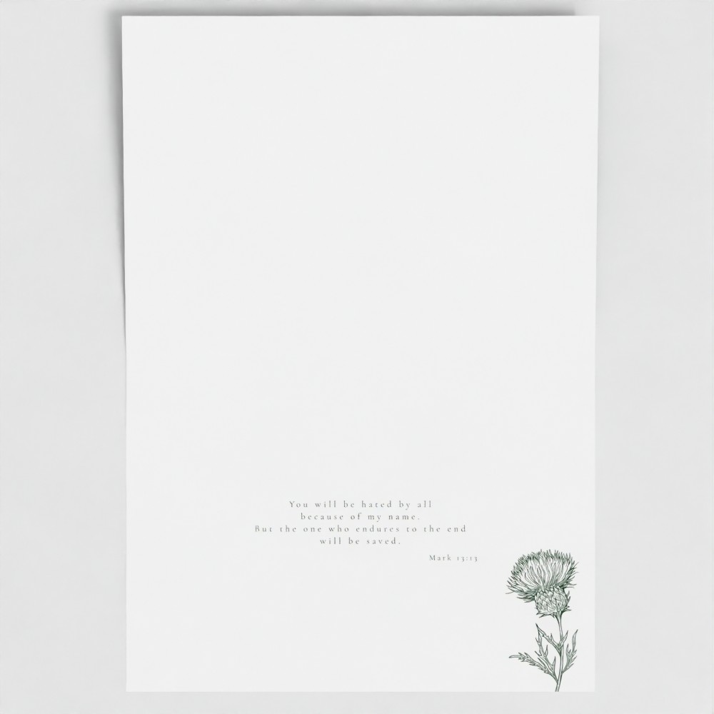Inside of ENDURE card showing liturgical bible verse and botanical image.