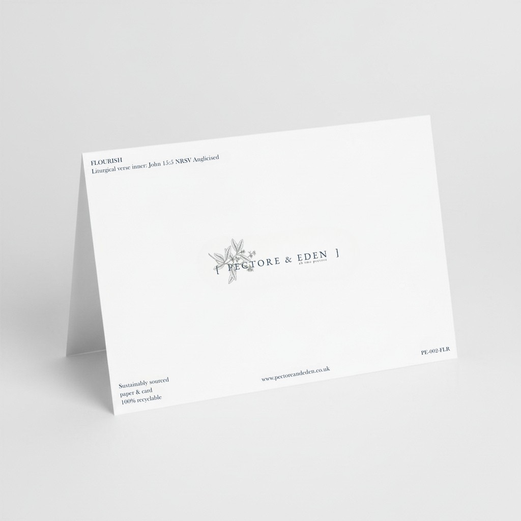 Reverse side of Pectore and Eden Flourish greeting card showing logo and sustainability credentials.