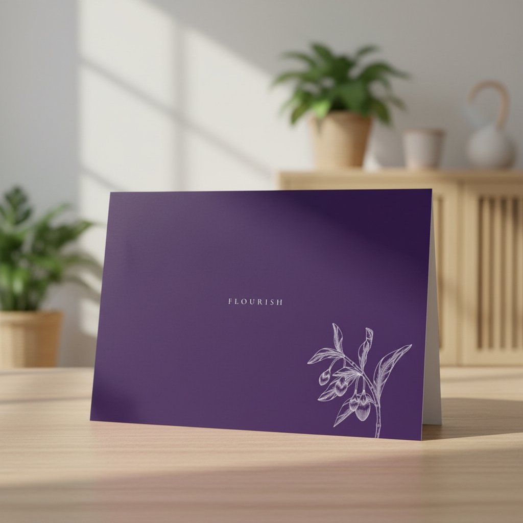 Flourish greeting card standing on an oak table in a dining room.