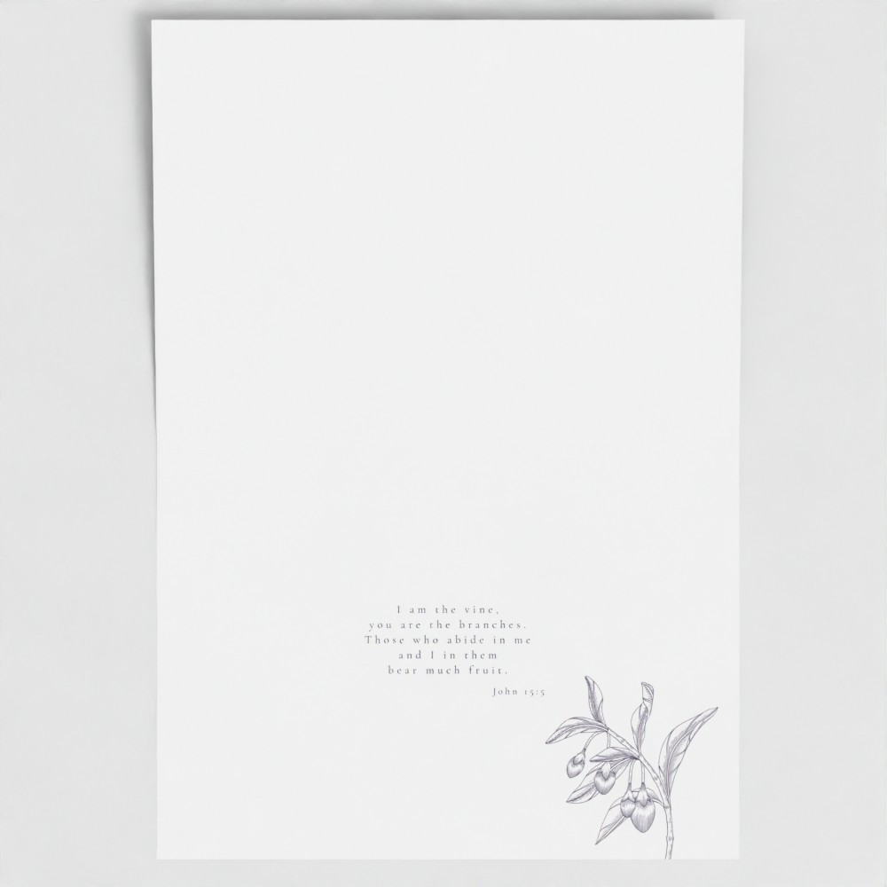 Inside of FLOURISH card showing liturgical bible verse and botanical image.