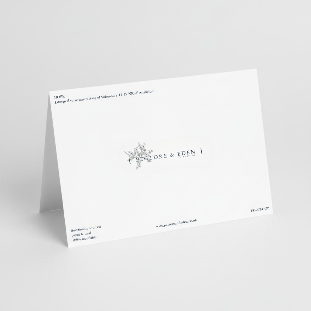 Reverse side of Pectore and Eden Hope greeting card showing logo and sustainability credentials.