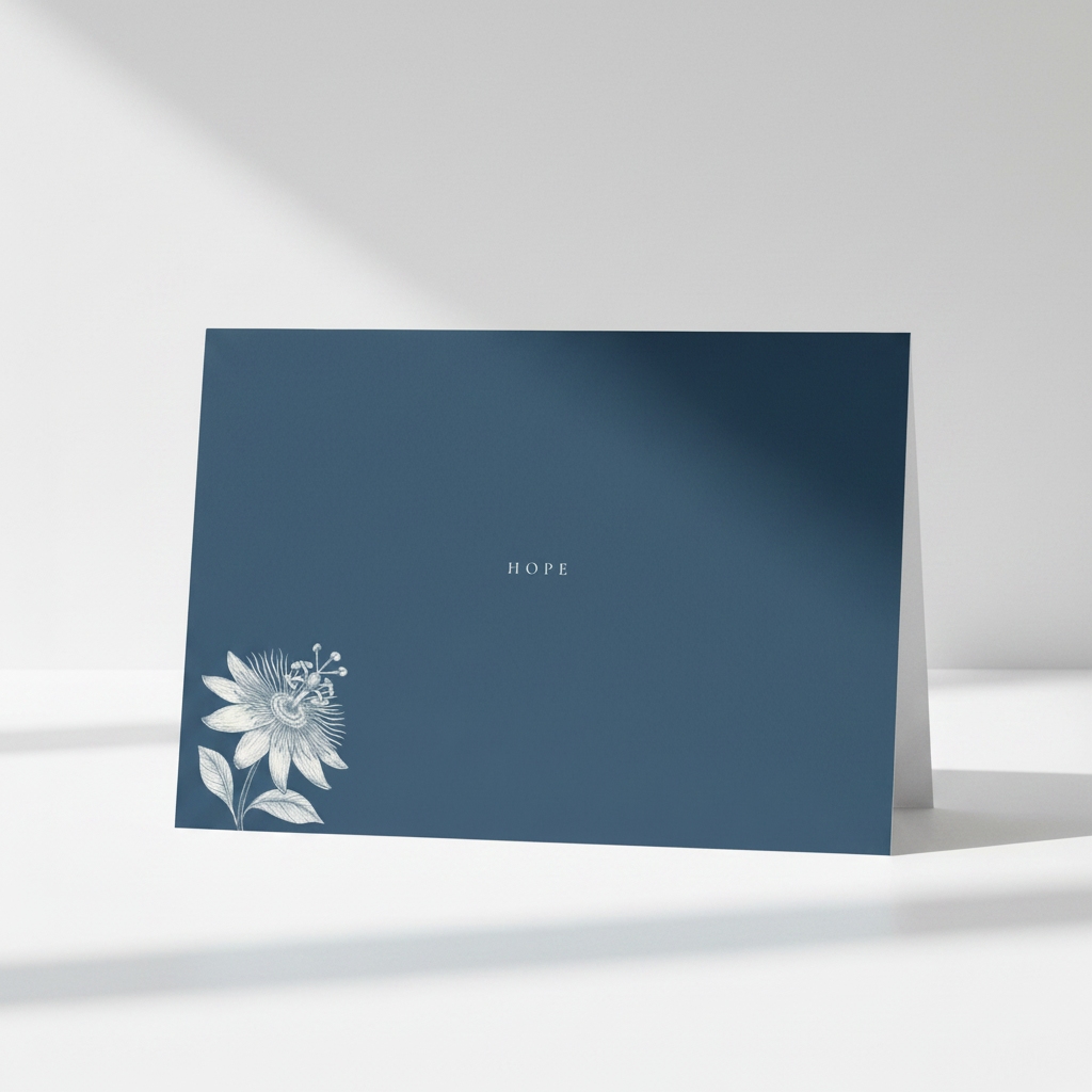 Pectore and Eden Hope greetings card front featuring white text and botanical design.