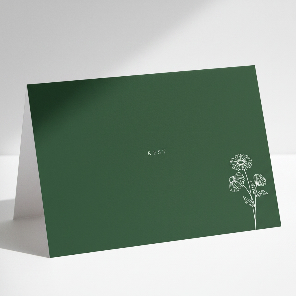 Pectore and Eden Rest greetings card front featuring white text and botanical design.