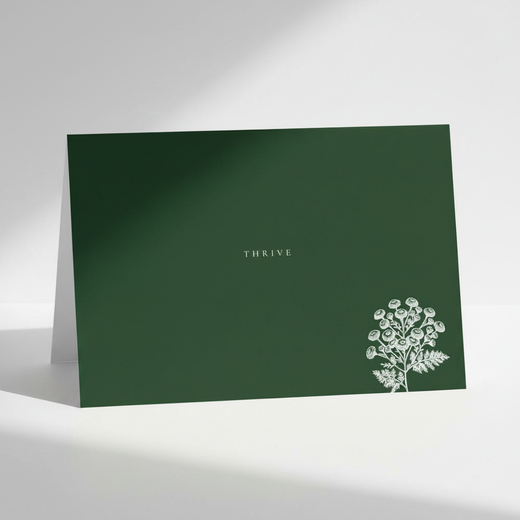 Pectore and Eden Thrive greetings card front featuring white text and botanical design.
