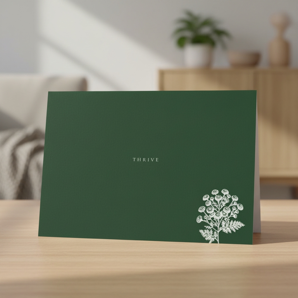 Thrive greeting card standing on an oak table in a dining room.