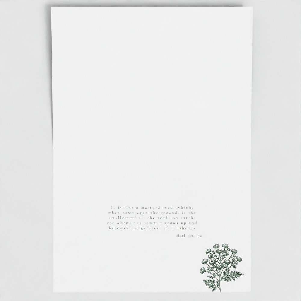 Inside of THRIVE card showing liturgical bible verse and botanical image.