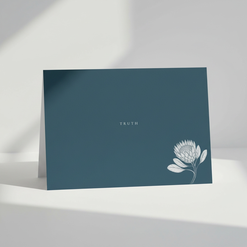 Pectore and Eden Truth greetings card front featuring white text and botanical design.