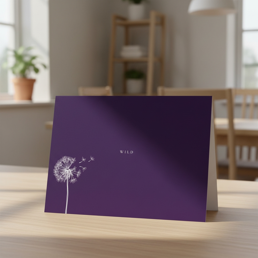 Wild greeting card standing on an oak table in a dining room.