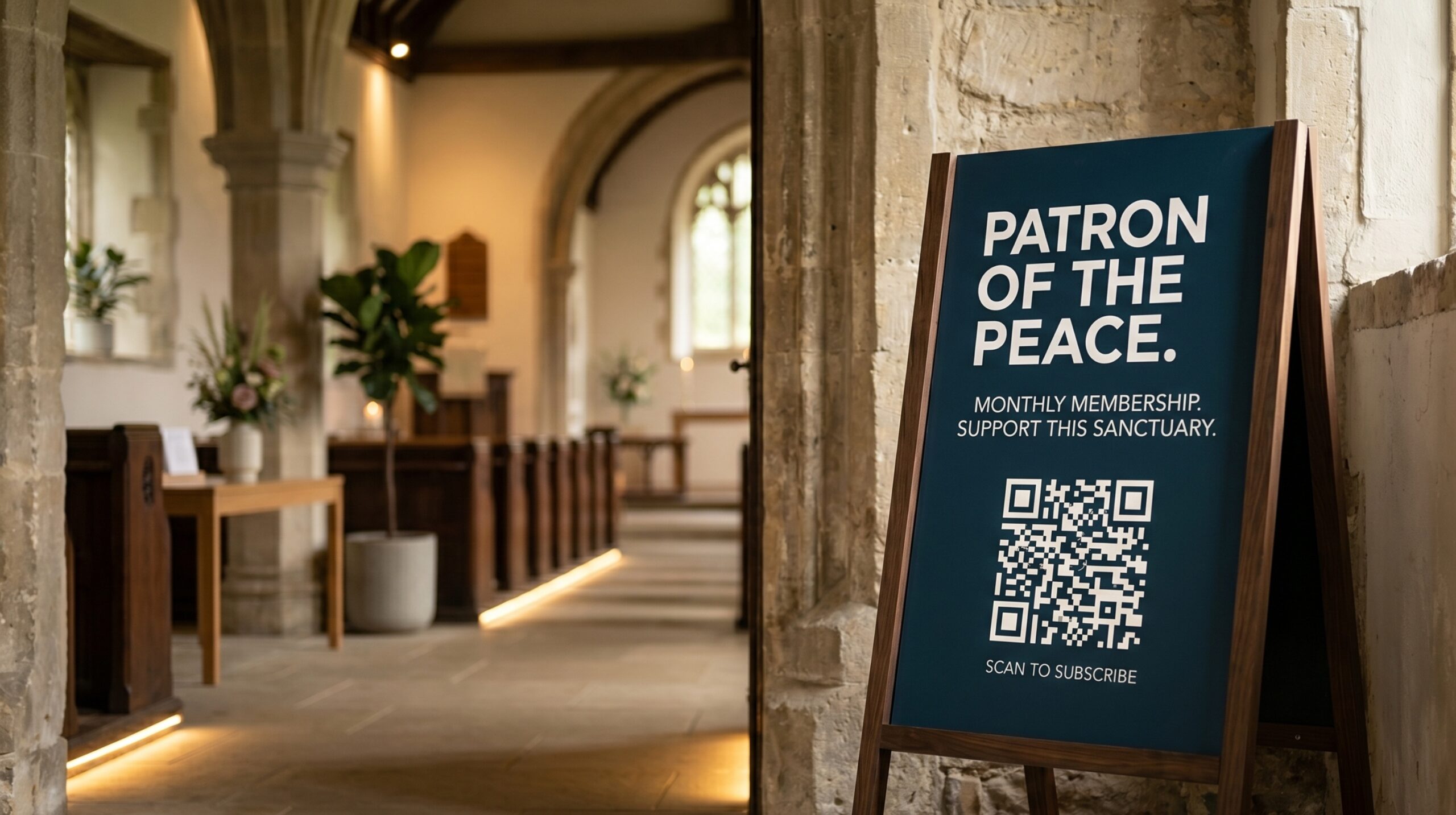 A wooden A-frame sign stands at the entrance of an ancient stone church. The sign features a deep navy face with bold white text that reads: PATRON OF THE PEACE. MONTHLY MEMBERSHIP. SUPPORT THIS SANCTUARY. A large, clean QR code is positioned at the bottom with the subtext SCAN TO SUBSCRIBE. In the soft-focus background, the church nave is illuminated with warm floor lighting and features a modern Fiddle Leaf Fig plant.