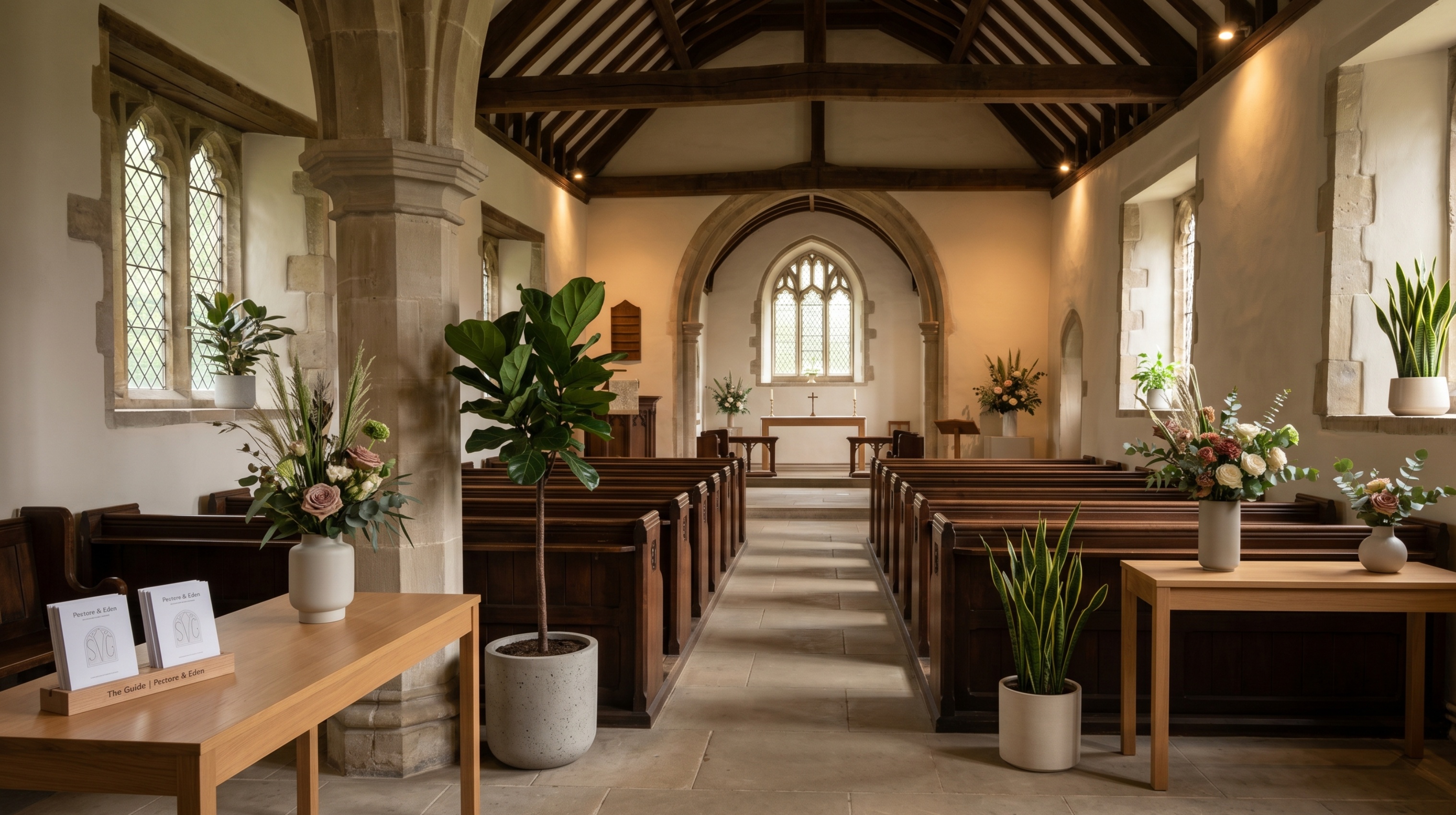 The Clutter Audit Passing the 10-Minute Walk Test A small, bright stone chapel interior cleared of clutter. Modern potted plants like a Fiddle Leaf Fig and Snake Plants are placed intentionally on wooden tables and window sills. Warm, soft lighting highlights the ancient beams and clean wooden pews.