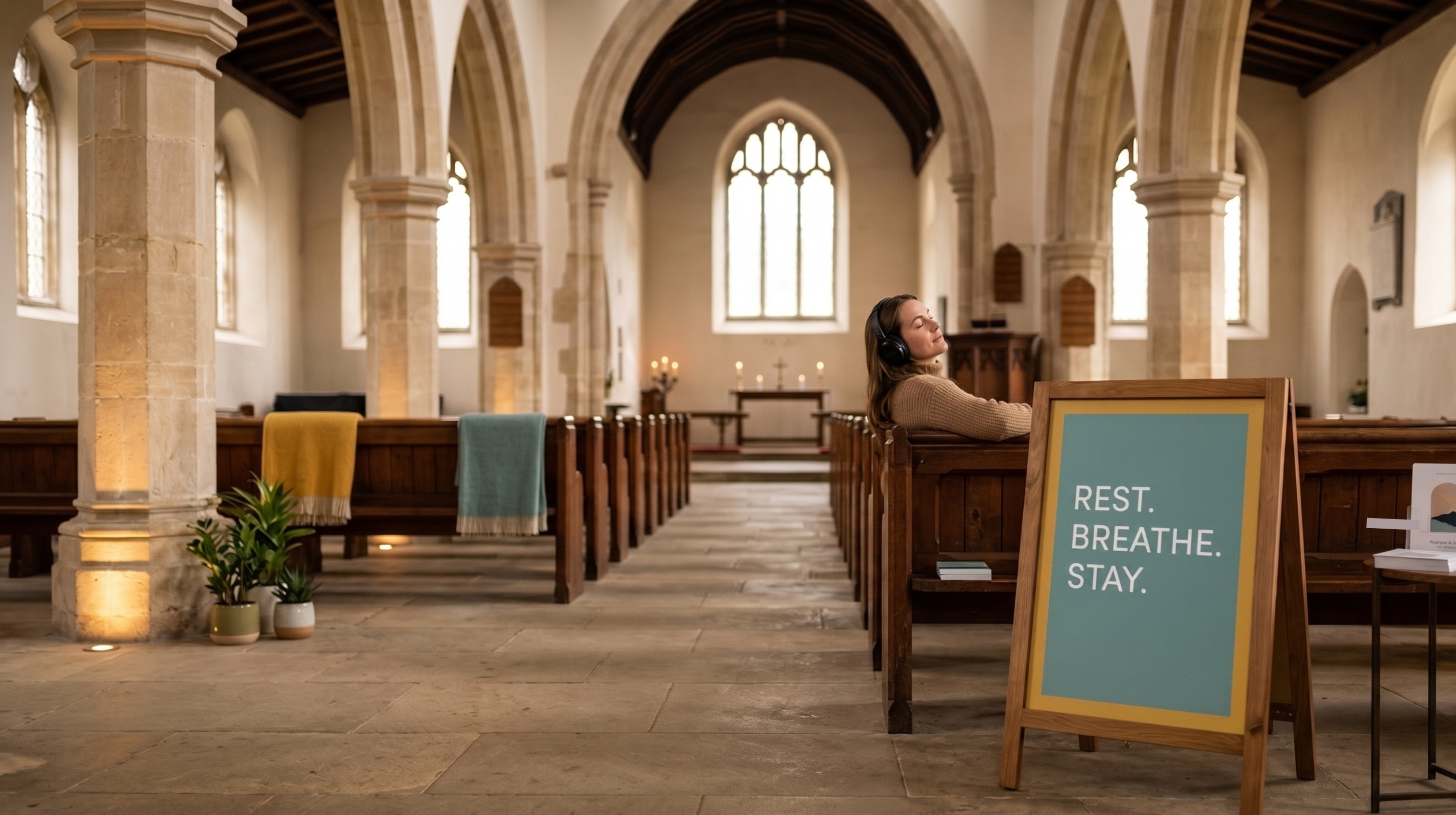 Turning the Nave into a 2026 Wellness Sanctuary A woman with noise-cancelling headphones sits peacefully in a traditional wooden church pew. In the foreground, a modern wooden A-frame sign features a teal background with bold white text that reads: REST. BREATHE. STAY. The ancient stone nave is transformed with warm, floor-level LED lighting and vibrant mustard-yellow and teal blankets draped over the pews.