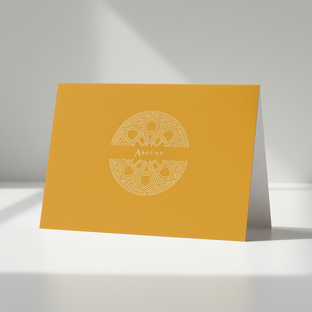 Aureole Gold Pectore and Eden Abound greeting card front featuring white text and Gothic window design.