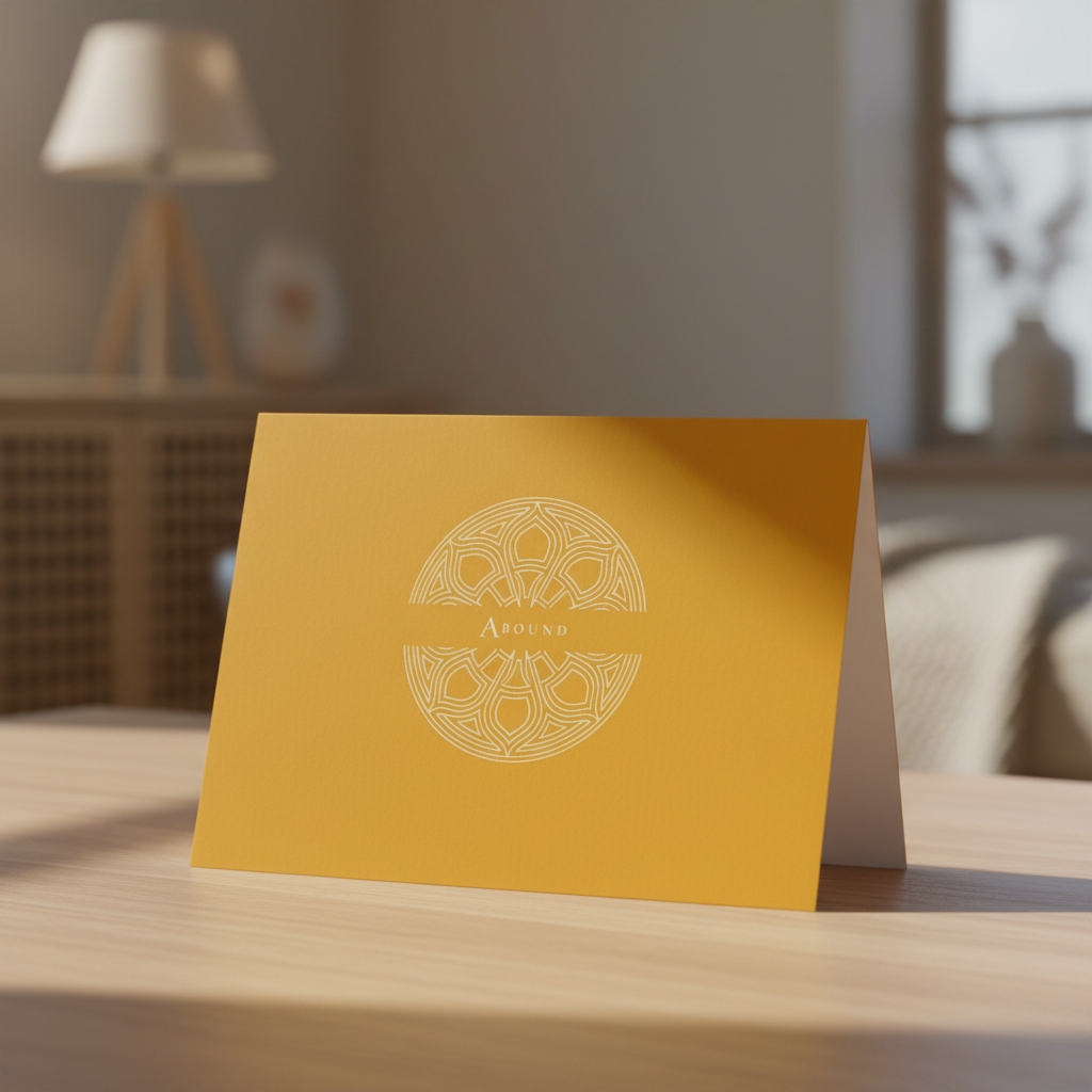 Aureole Gold Abound greeting card standing on an oak table in a living room.