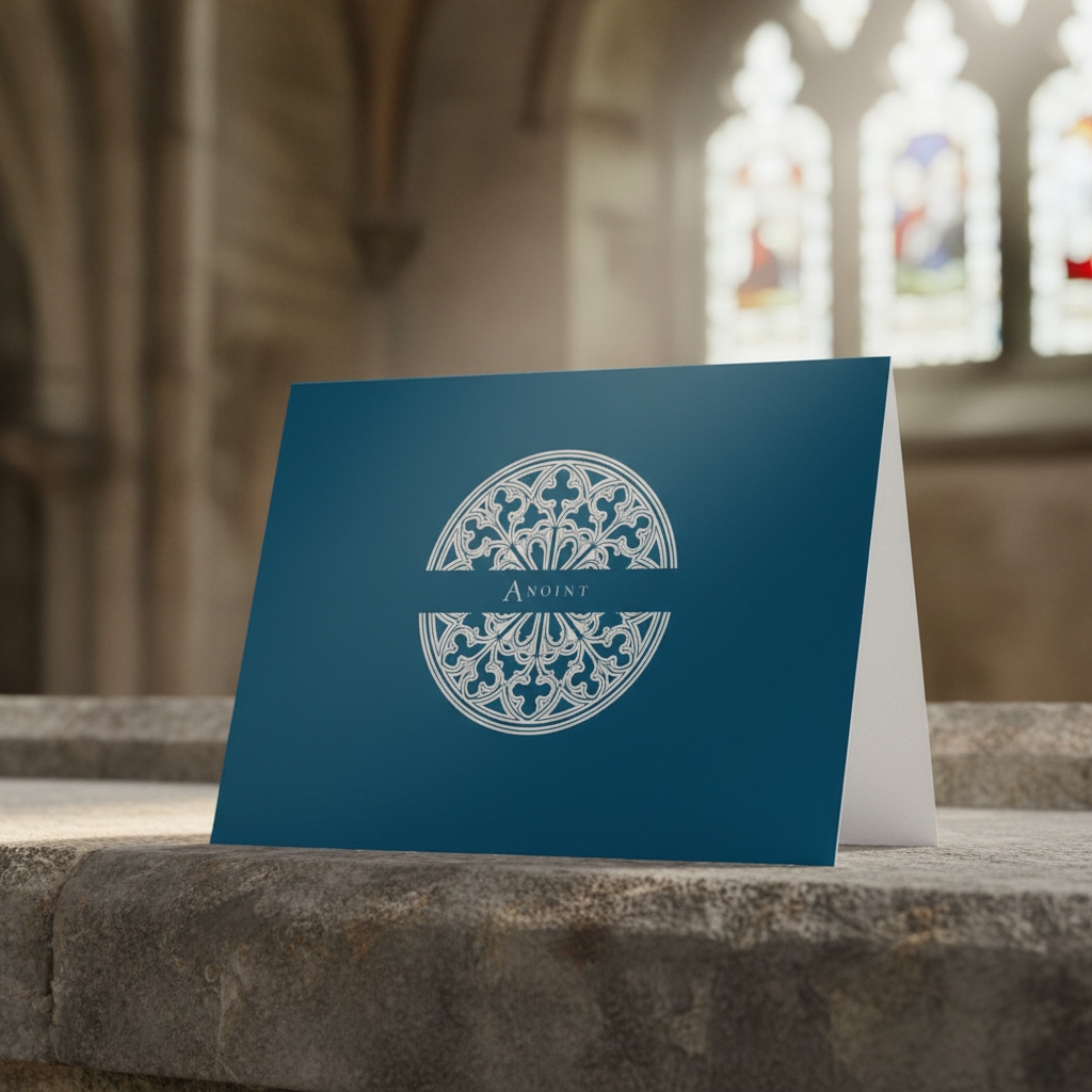 Vespers Blue Anoint greeting card standing on a stone ledge in a church sanctuary.