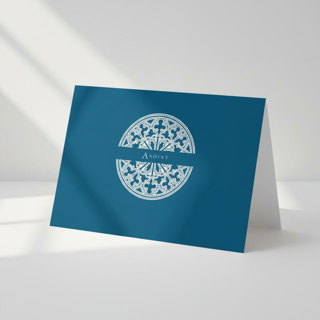 Vespers Blue Pectore and Eden Anoint greeting card front featuring white text and Gothic window design.