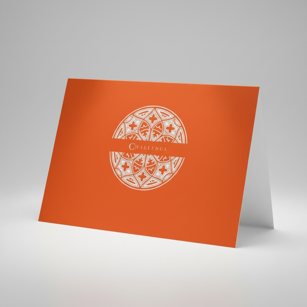 Sanctuary Ember Pectore and Eden Challenge greeting card front featuring white text and Gothic window design.