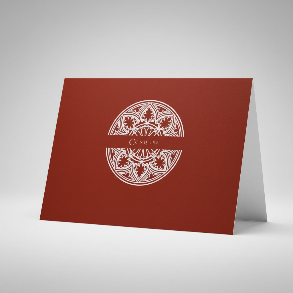 Cardinal Red Pectore and Eden Conquer greeting card front featuring white text and Gothic window design.
