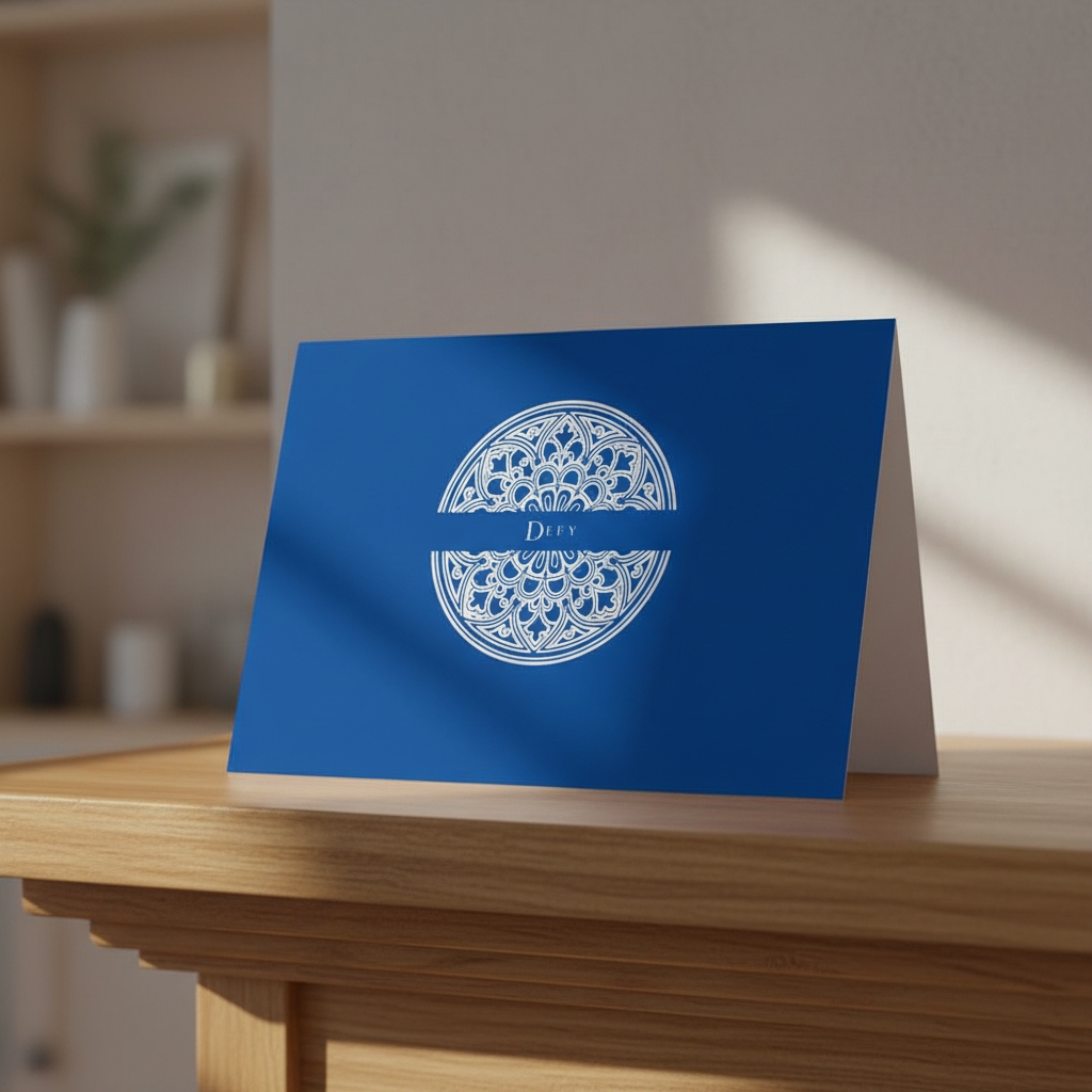 Cathedral Cobalt Defy greeting card standing on an oak mantle in a living room.