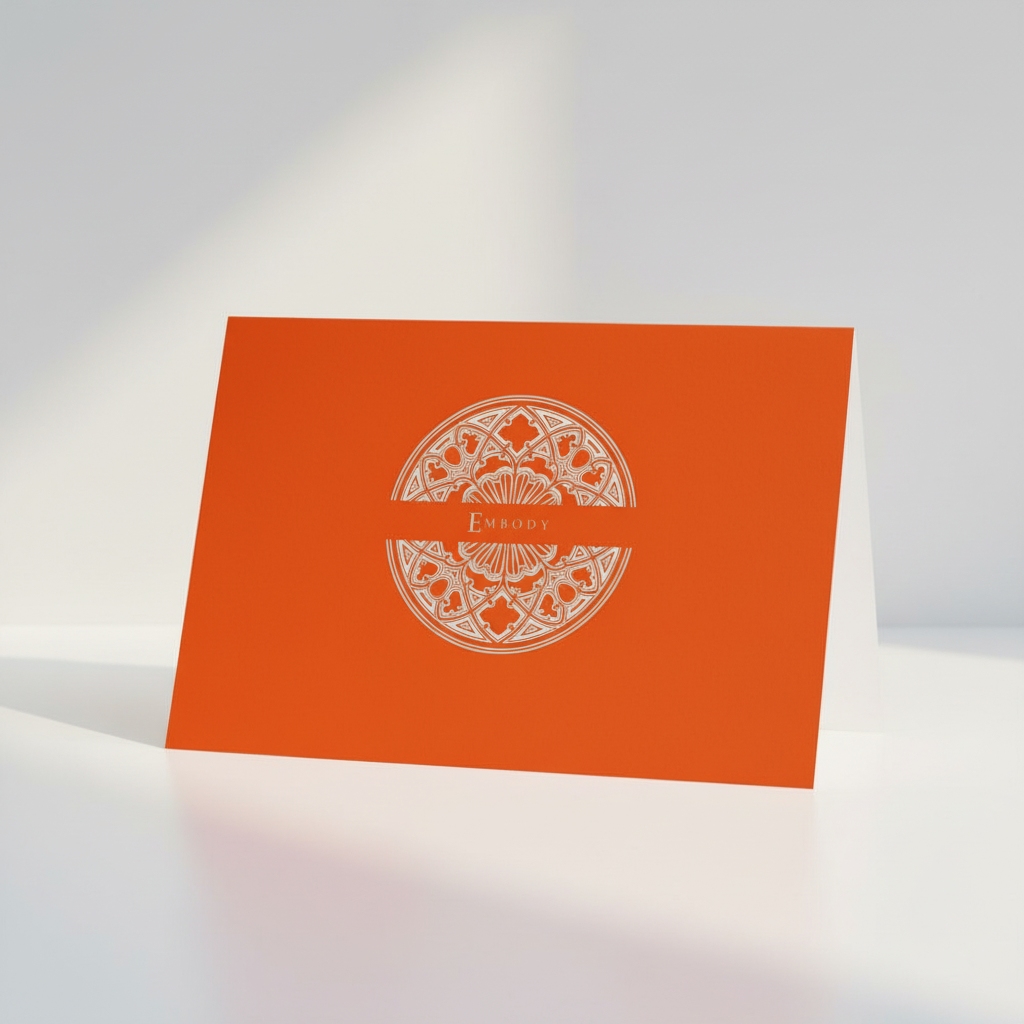 Sanctuary Ember Pectore and Eden Embody greeting card front featuring white text and Gothic window design.