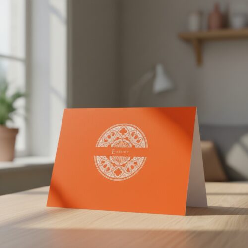 Sanctuary Ember Embody greeting card standing on an oak table in a living room.