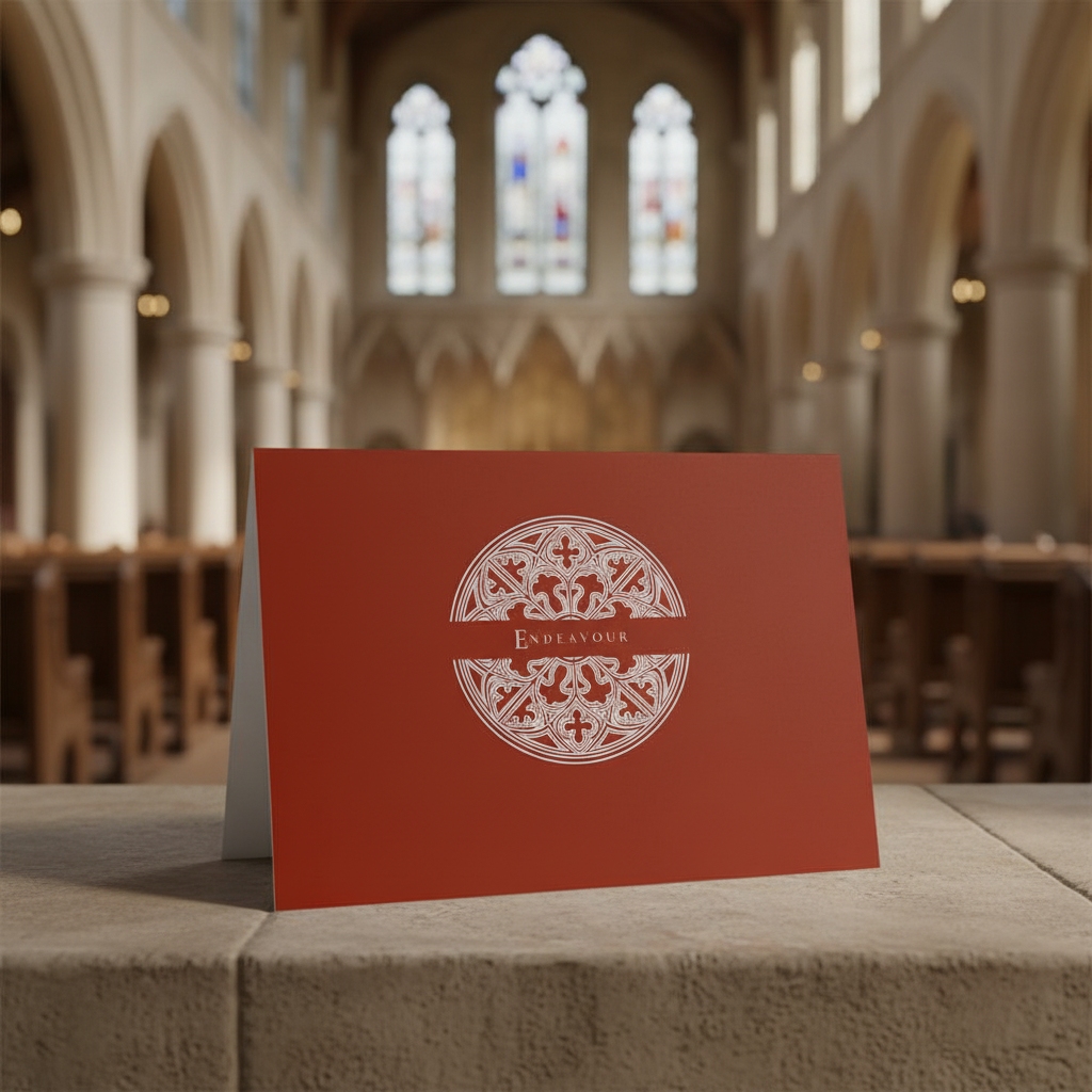 Cardinal Red Endeavour greeting card standing on a stone wall in a church.