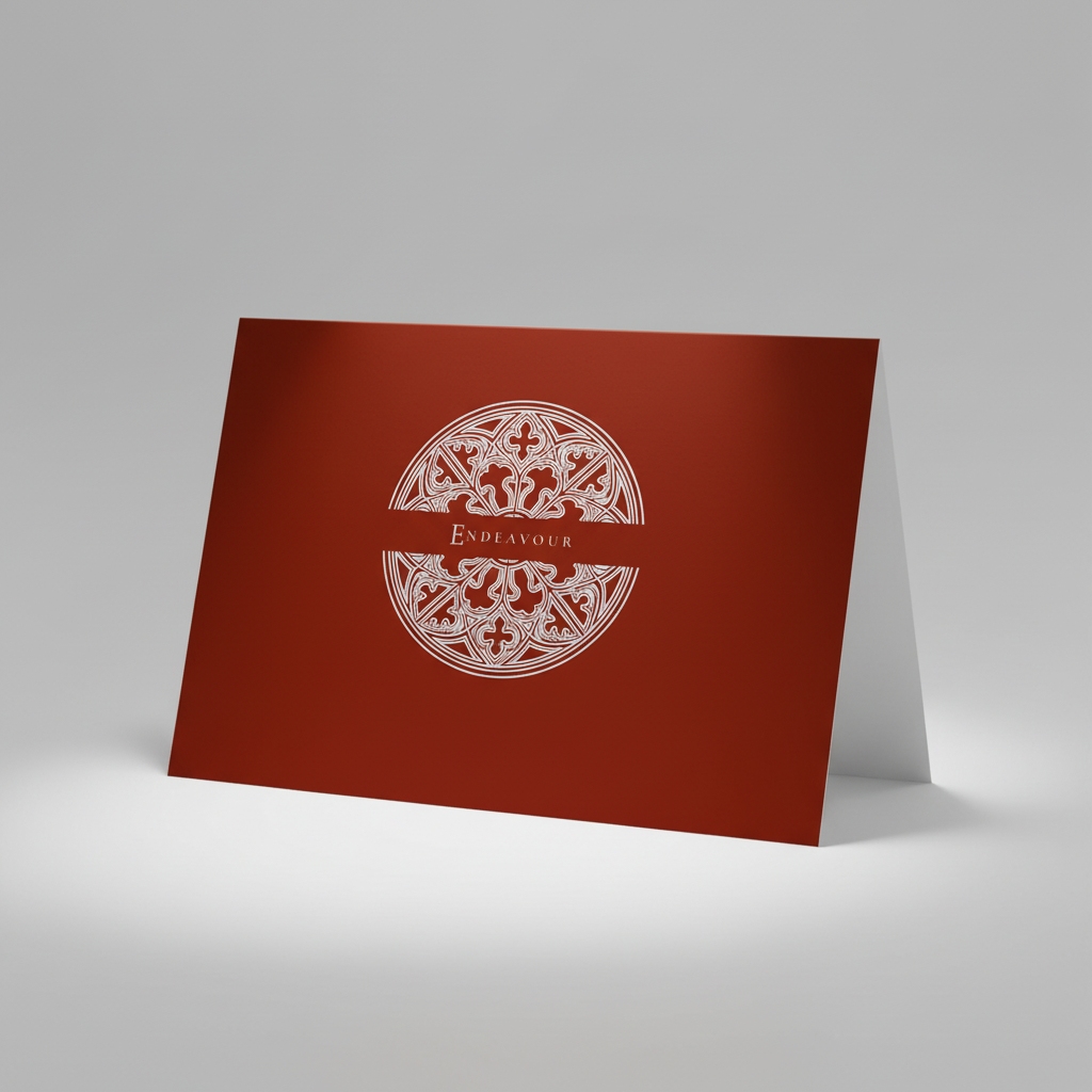 Cardinal Red Pectore and Eden Endeavour greeting card front featuring white text and Gothic window design.