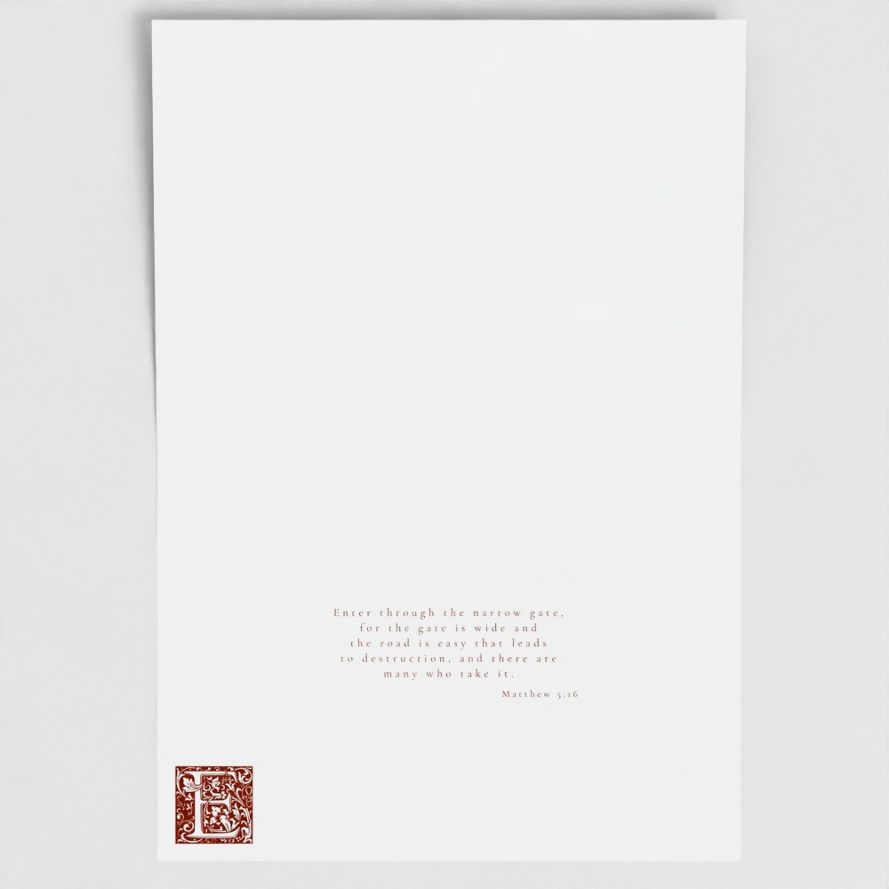 Inside of Cardinal Red Endeavour card showing liturgical bible verse and illuminated drop cap letter.