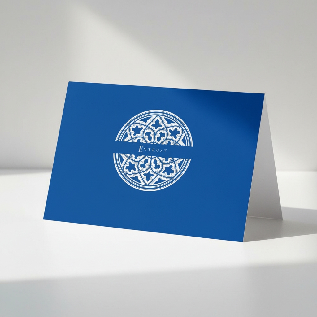 Cathedral Cobalt Pectore and Eden Entrust greeting card front featuring white text and Gothic window design.