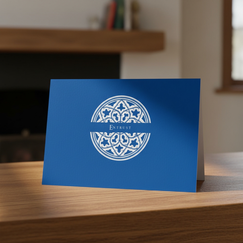 Cathedral Cobalt Entrust greeting card standing on an oak table in a living room.