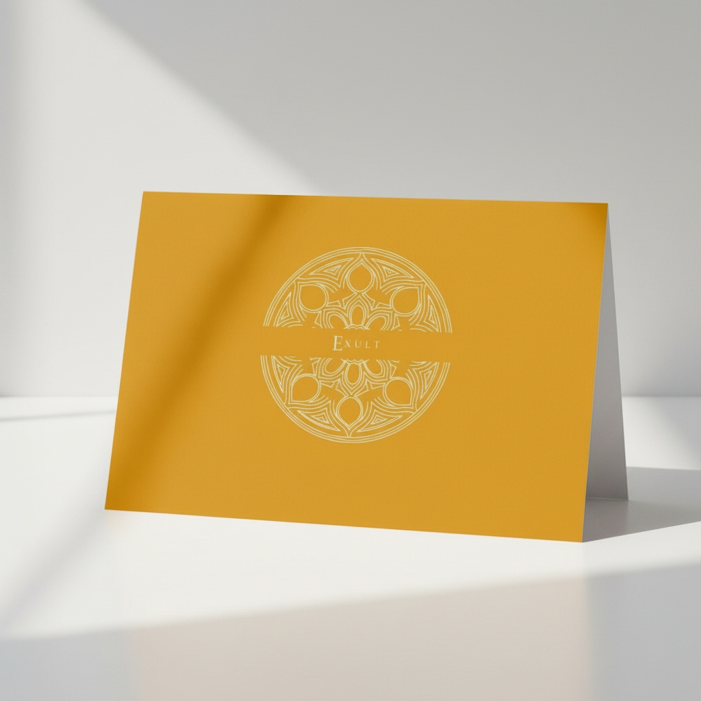 Aureole Gold Pectore and Eden Exult greeting card front featuring white text and Gothic window design.