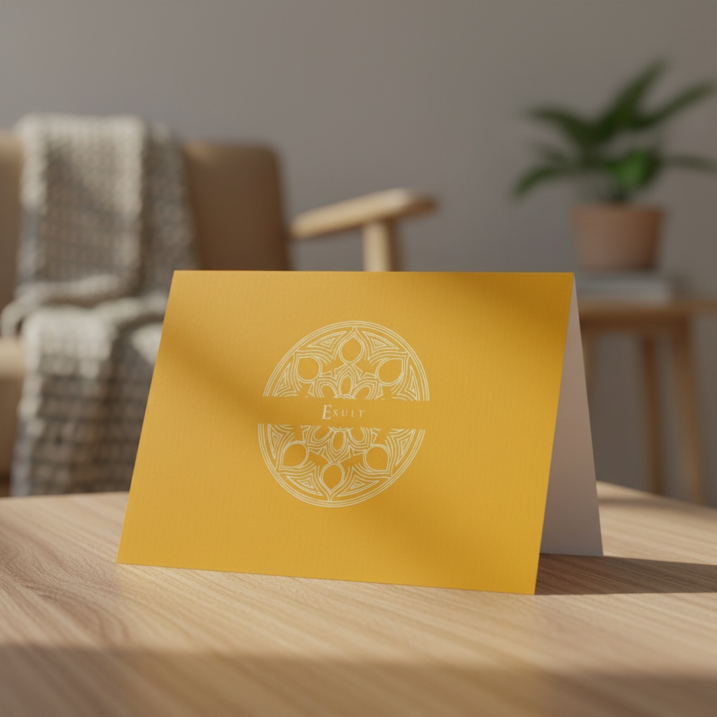 Aureole Gold Exult greeting card standing on an oak table in a living room.