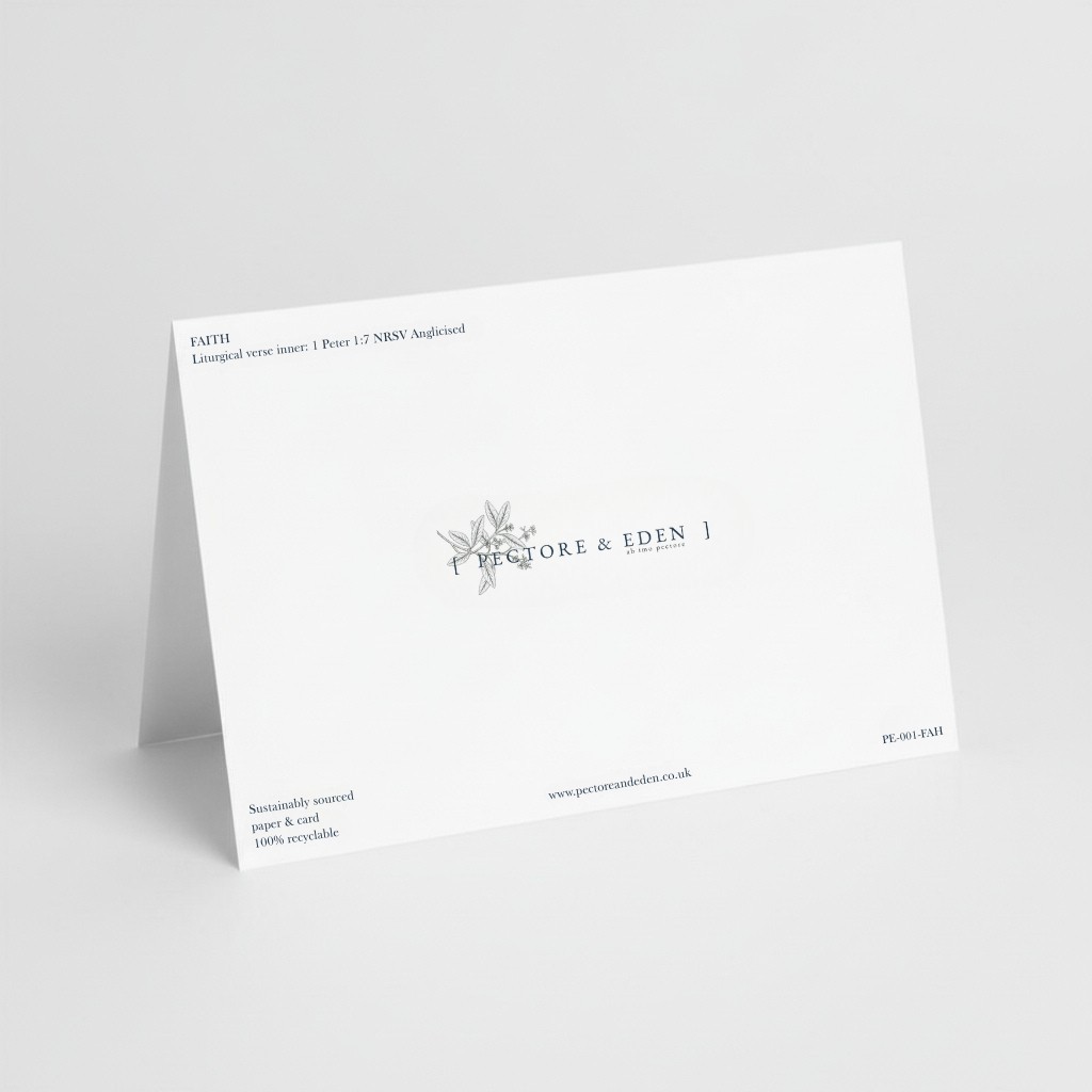 Reverse side of Pectore and Eden Faith greeting card showing logo and sustainability credentials.