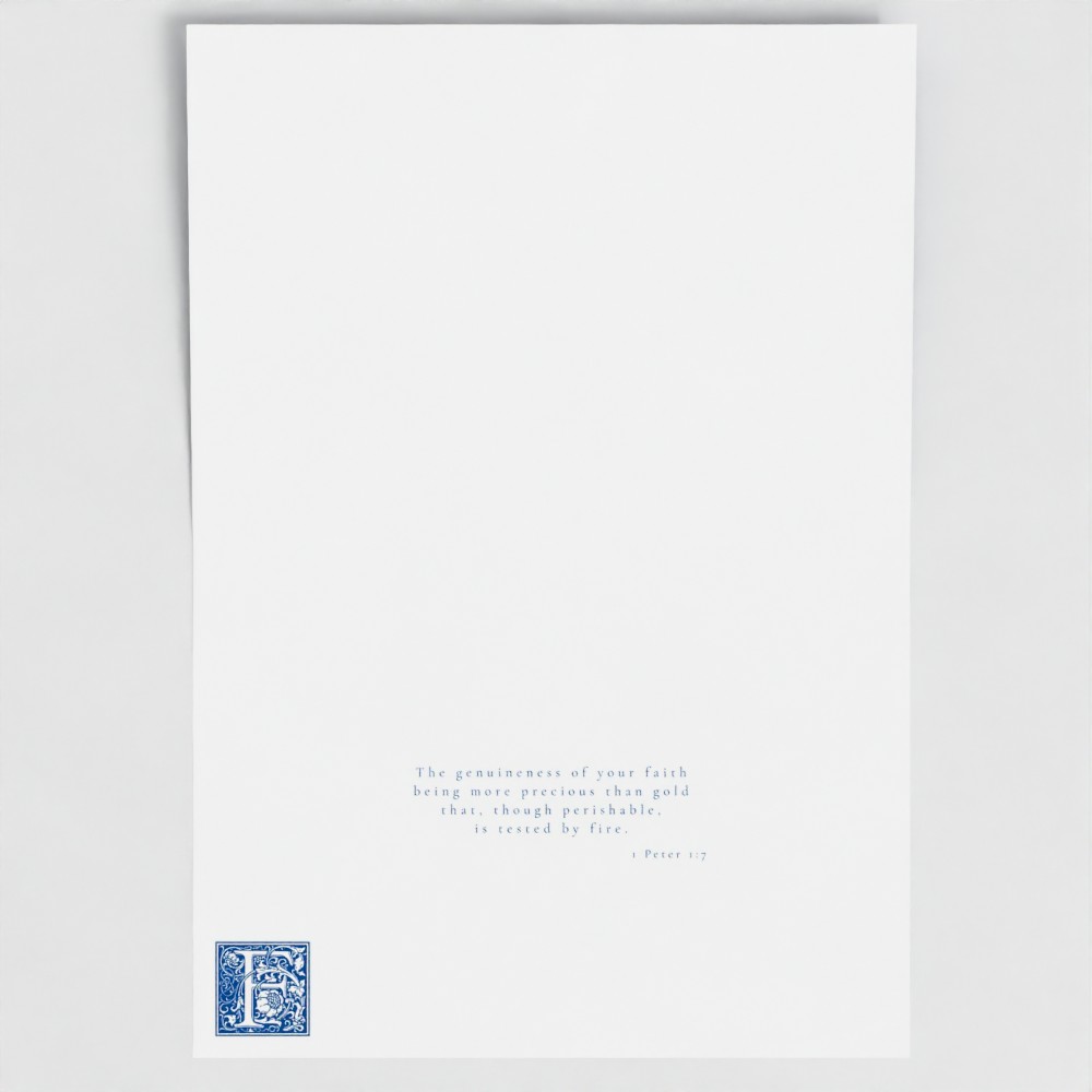 Inside of Cathedral Cobalt Faith card showing liturgical bible verse and illuminated drop cap letter.