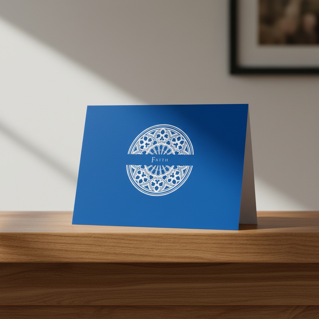 Cathedral Cobalt Faith greeting card standing on an oak mantle in a living room.