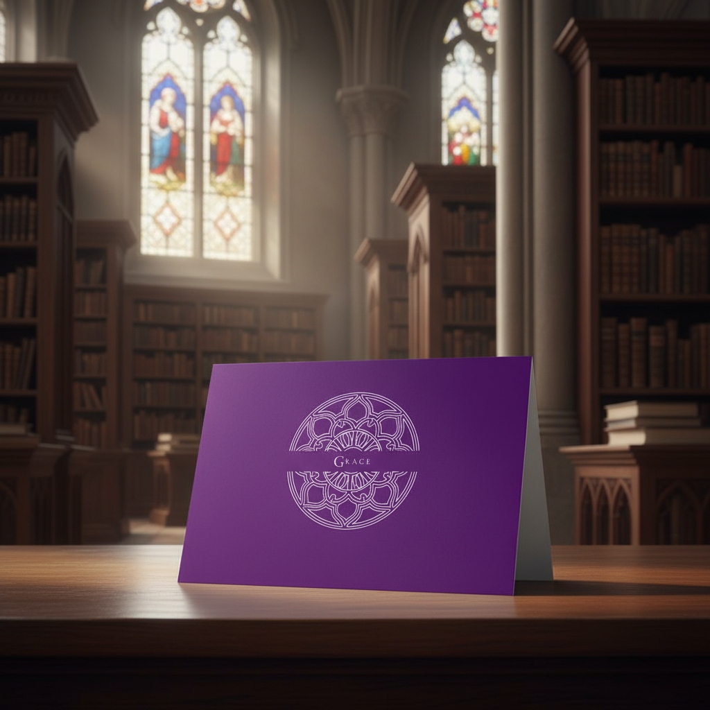 Episcopal Purple Grace greeting card standing on an oak desk in a Cathedral library.