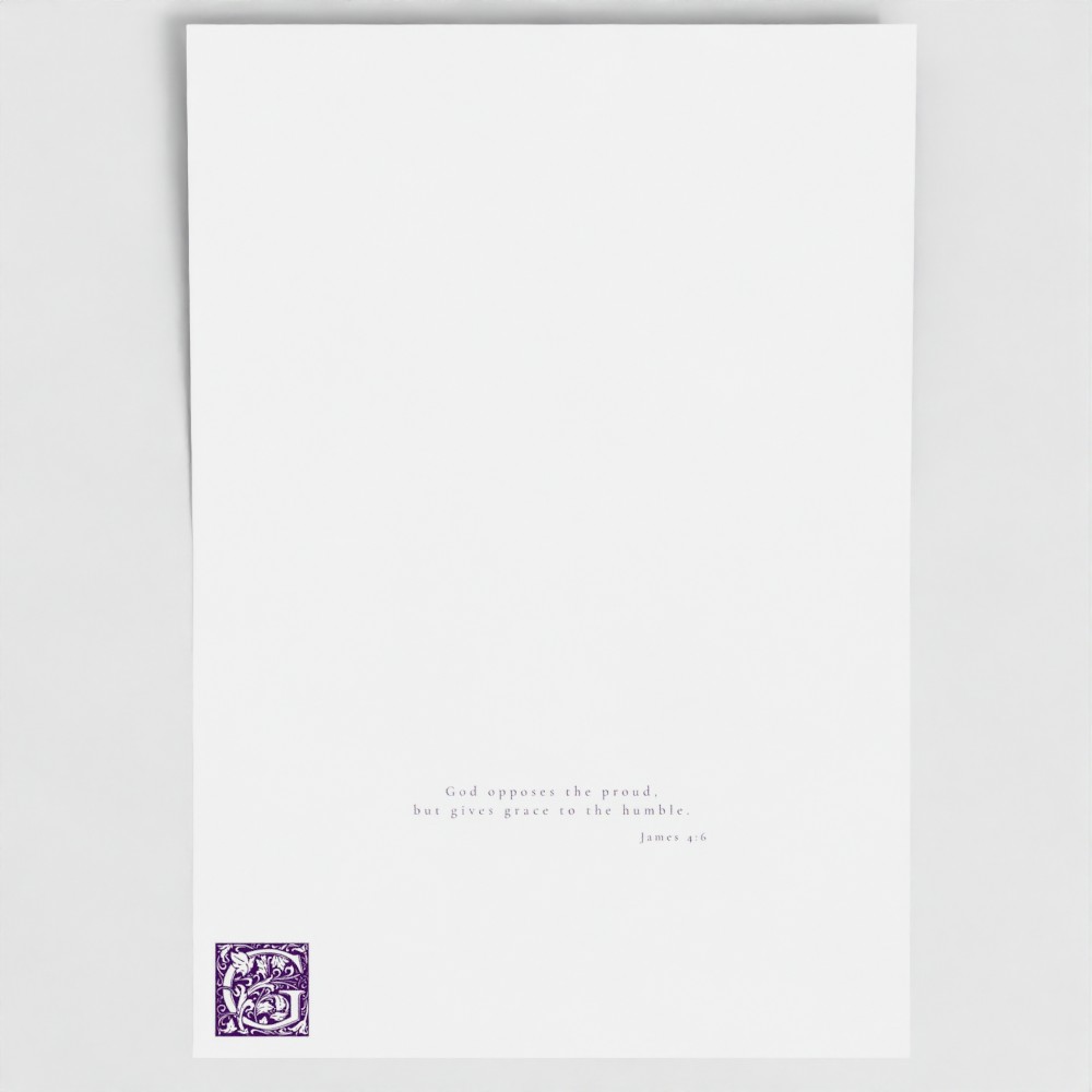 Inside of Episcopal Purple Grace card showing liturgical bible verse and illuminated drop cap letter.