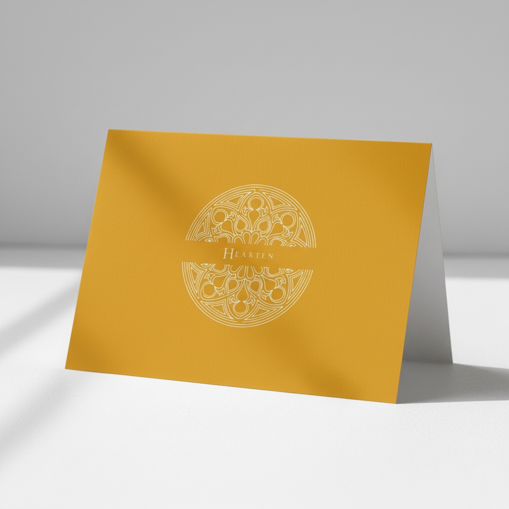 Aureole Gold Pectore and Eden Hearten greeting card front featuring white text and Gothic window design.