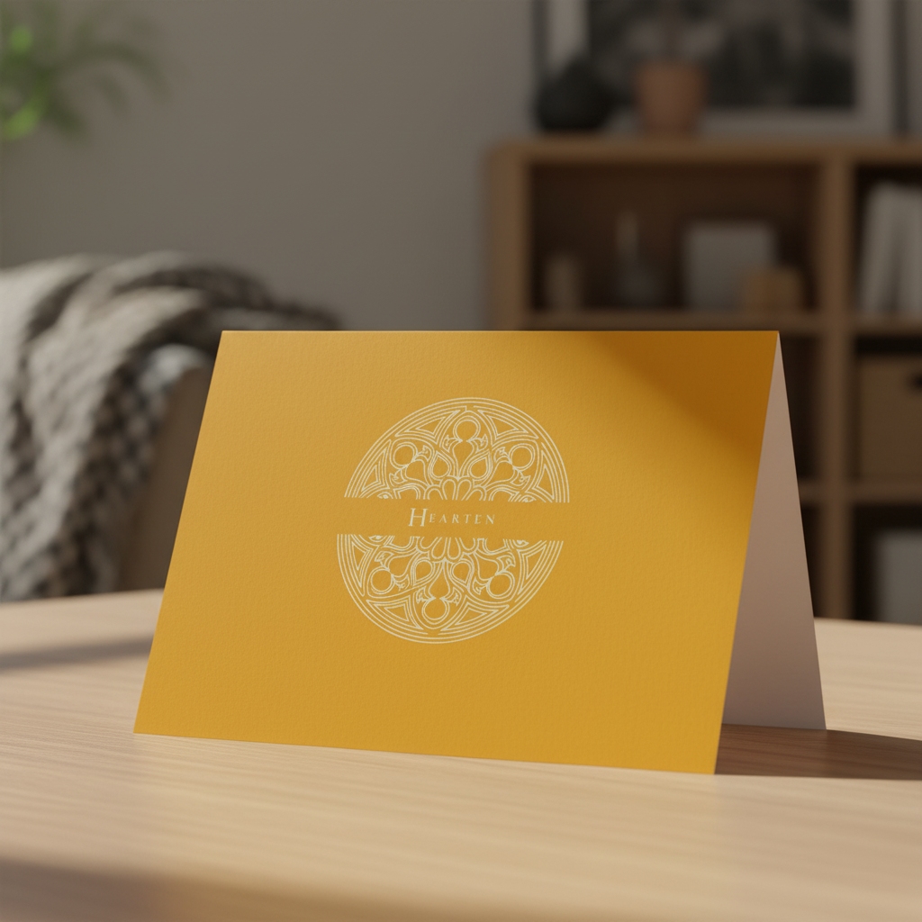 Aureole Gold Hearten greeting card standing on an oak table in a living room.