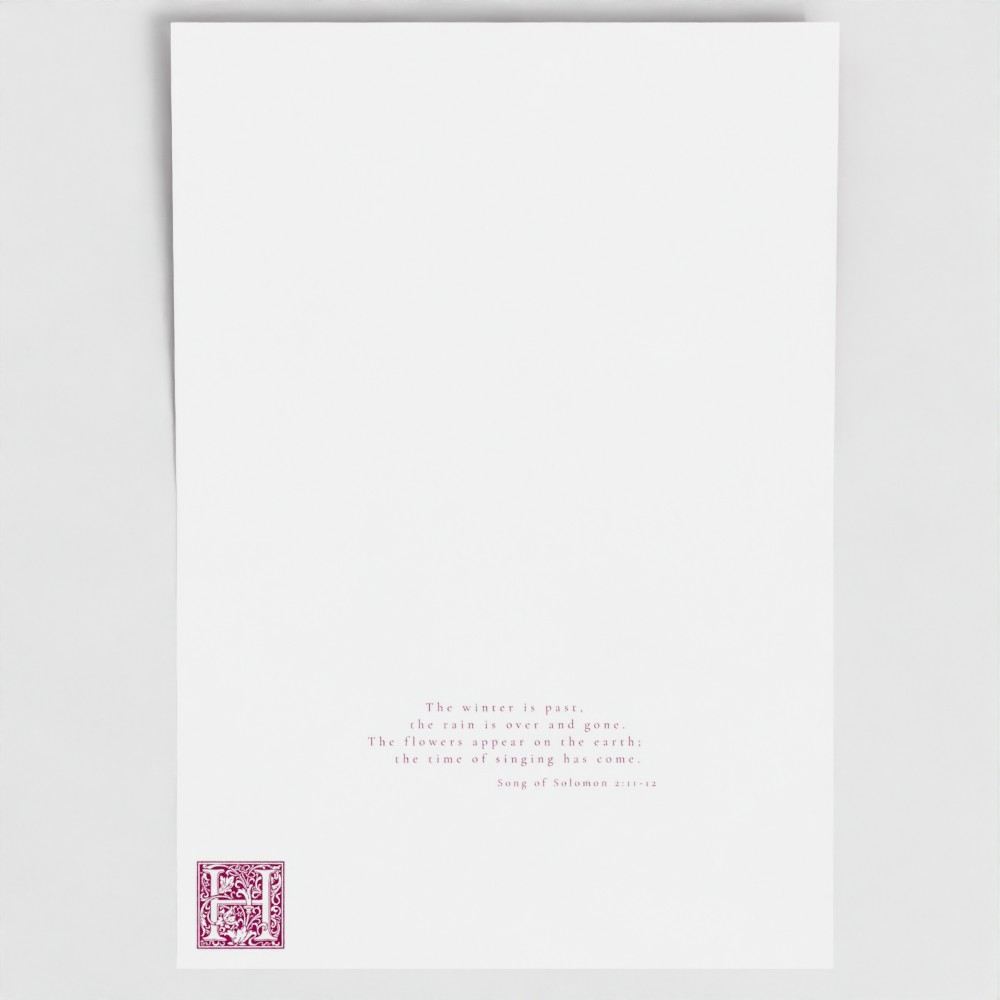 Inside of Laetare Rose Hope card showing liturgical bible verse and illuminated drop cap letter.