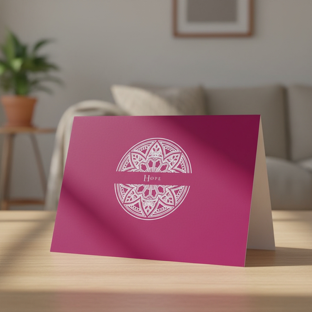 Laetare Rose Hope greeting card standing on an oak table in a living room.