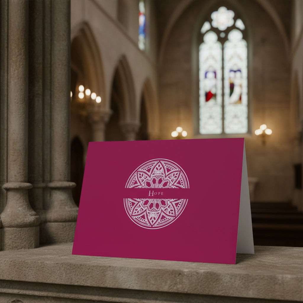 Laetare Rose Hope greeting card standing on a stone ledge in a church.