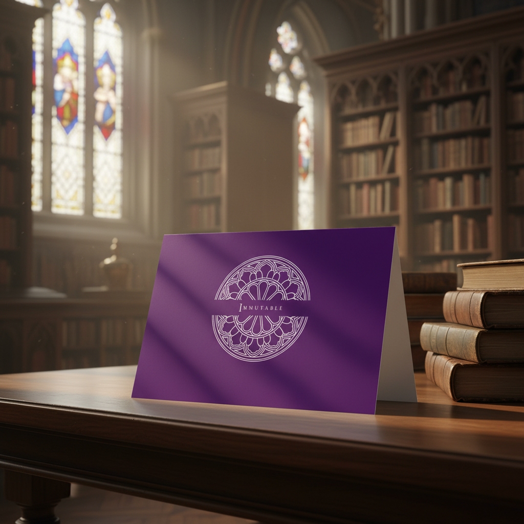 Episcopal Purple Immutable greeting card standing on an oak table in a Cathedral library.