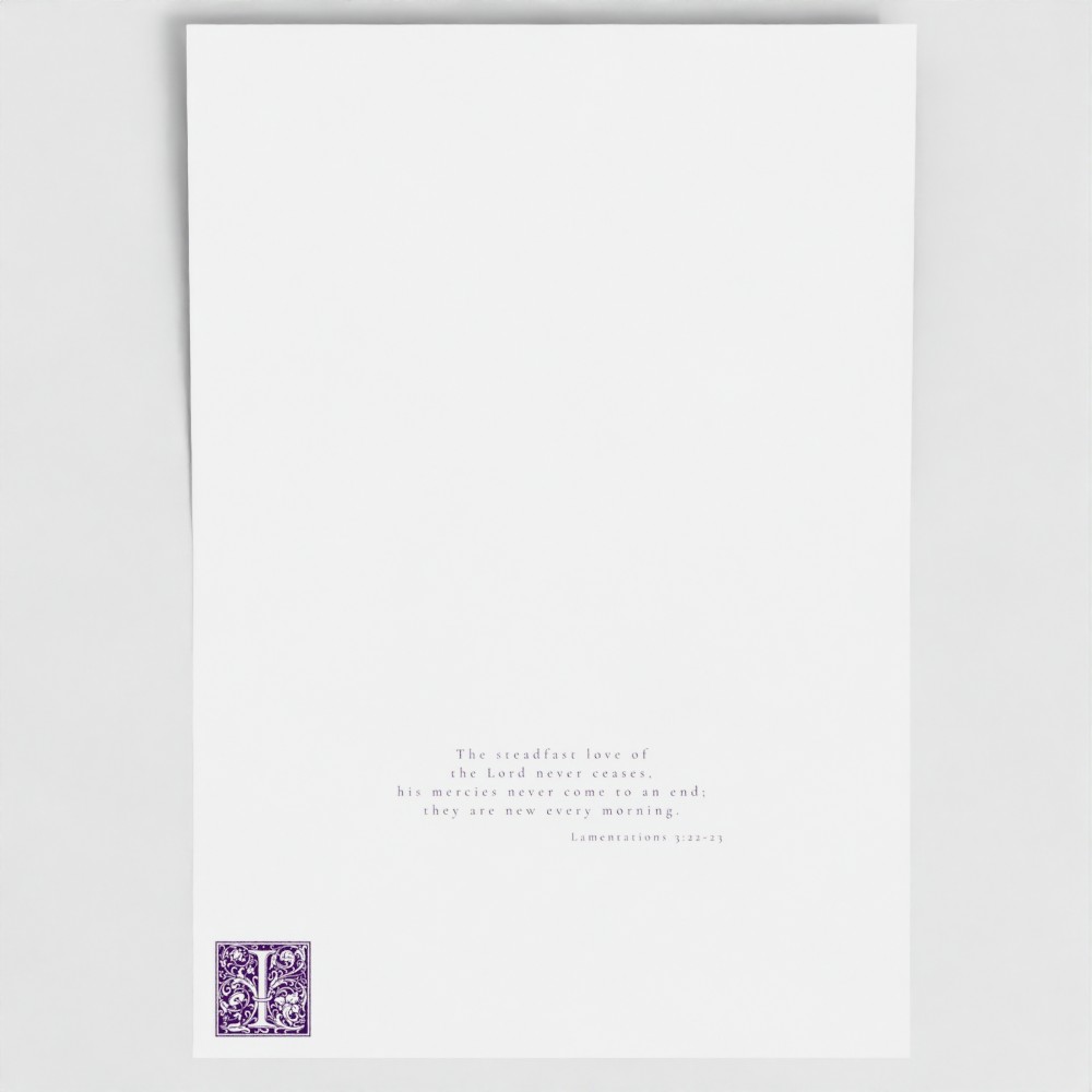 Inside of Episcopal Purple Immutable card showing liturgical bible verse and illuminated drop cap letter.